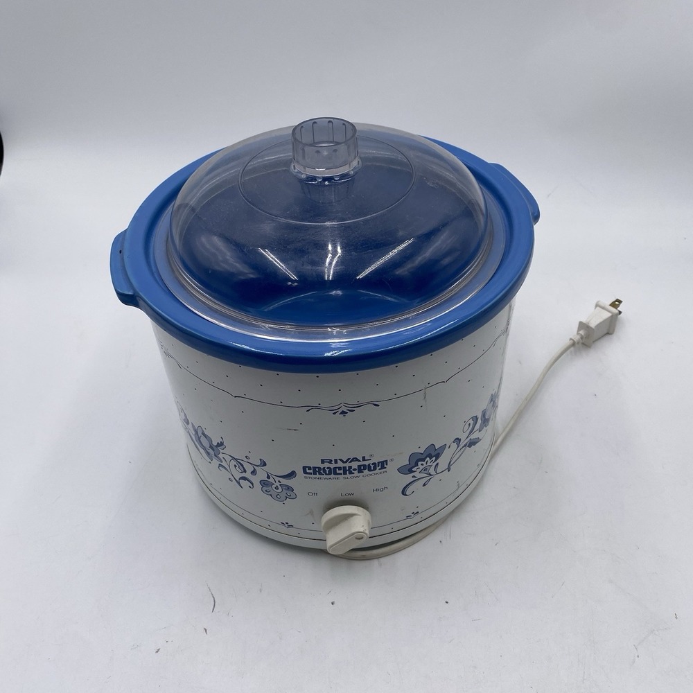 Vintage Rival Crock Pot Blue Scroll Pattern 2.5‎ Qt Stoneware Slow Cooker 3120